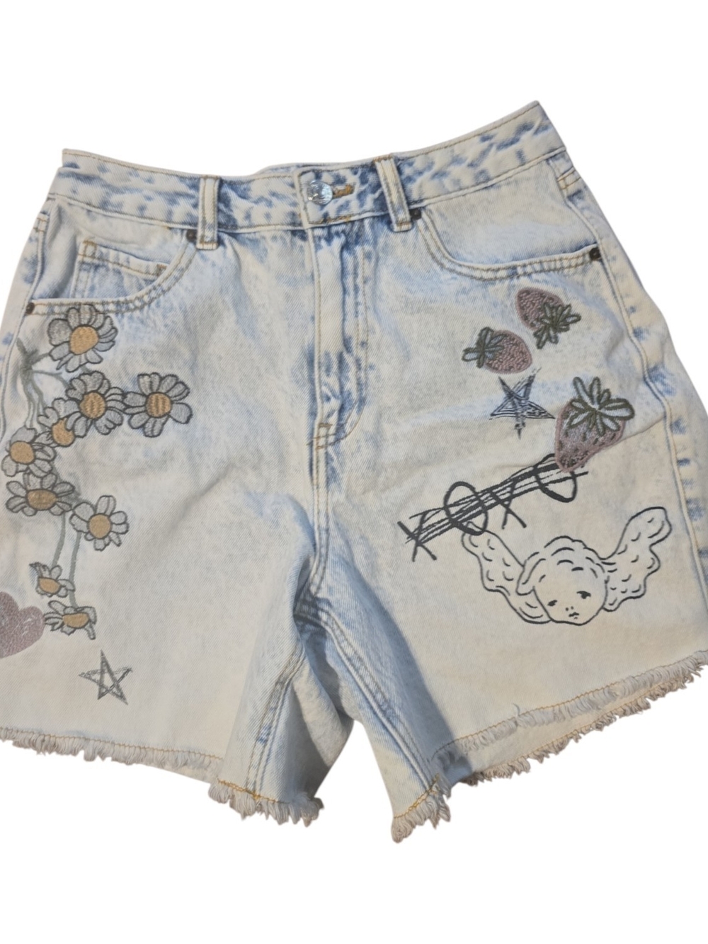 Forever 21 Light Blue Embroidered Denim Shorts with‎ Floral & Angel Details